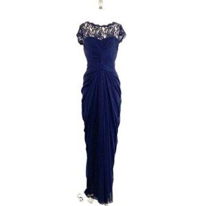 ADRIANNA PAPELL Lace Illusion Bateau Sheath Navy Gown Dress Classic SZ 4